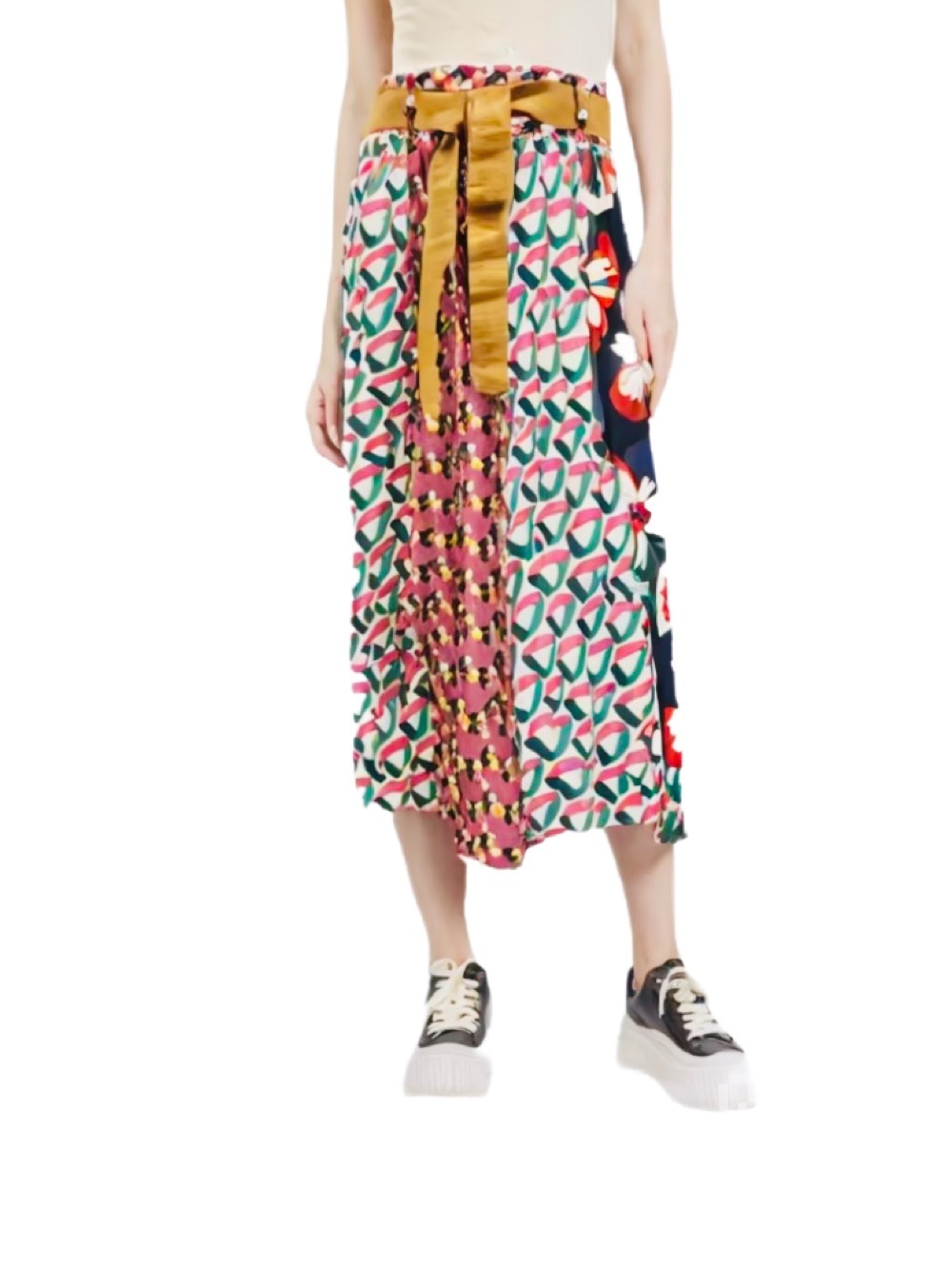 Dixie Vintage Multi Color Floral Printed Panel Midi Skirt with Ribbon Tie Size M